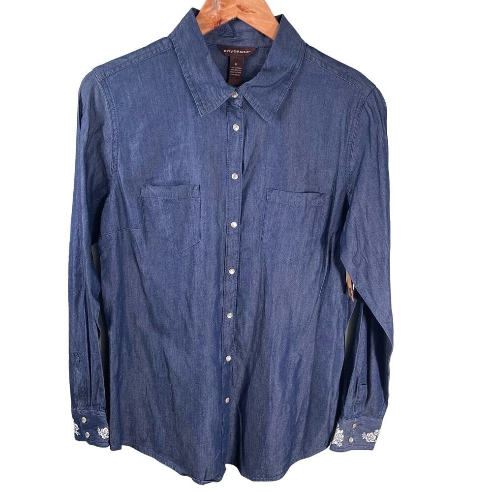 Bit & Bridle Pearl Snap Button Down Shirt Womens Size M Blue Floral Cuff Western